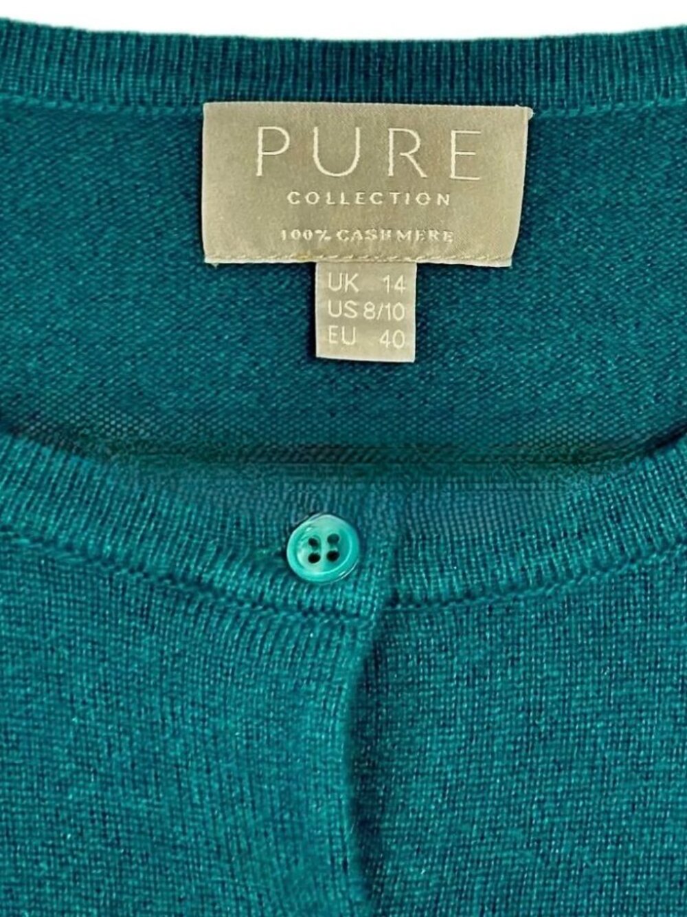 Pure Collection Cashmere Button Cardigan Sweater Crew Neck Teal Sz 8/10 - Picture 6 of 8